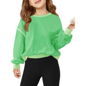 Haloumoning Girls Casual Crewneck Sweatshirts Long Sleeve Color Block Loose Fit Fall Cute Pullover Tops 5-14 Years(Green)