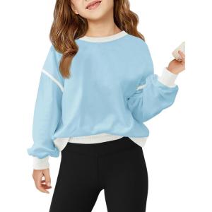 Haloumoning Girls Casual Crewneck Sweatshirts Long Sleeve Color Block Loose Fit Fall Cute Pullover Tops 5-14 Years(Light Blue)