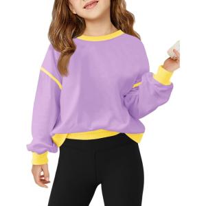 Haloumoning Girls Casual Crewneck Sweatshirts Long Sleeve Color Block Loose Fit Fall Cute Pullover Tops 5-14 Years(Light Purple)