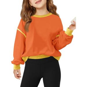 Haloumoning Girls Casual Crewneck Sweatshirts Long Sleeve Color Block Loose Fit Fall Cute Pullover Tops 5-14 Years(Orange)