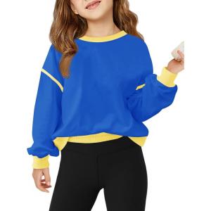 Haloumoning Girls Casual Crewneck Sweatshirts Long Sleeve Color Block Loose Fit Fall Cute Pullover Tops 5-14 Years(Royal Blue)