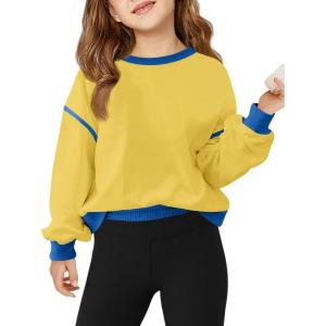Haloumoning Girls Casual Crewneck Sweatshirts Long Sleeve Color Block Loose Fit Fall Cute Pullover Tops 5-14 Years(Yellow)