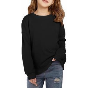 Haloumoning Girls Crewneck Sweatshirts Kids Casual Long Sleeve Loose Tops Fall Comfy Lightweight Pullovers 5-14 Years(Black)