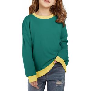 Haloumoning Girls Crewneck Sweatshirts Kids Casual Long Sleeve Loose Tops Fall Comfy Lightweight Pullovers 5-14 Years(Green)