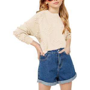 Haloumoning Girls Cute Heart Love Print Sweater Tops Oversized Crew Neck Dot Ball Knitted Valentine Pullover 5-14 Years(Beige)