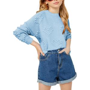 Haloumoning Girls Cute Heart Love Print Sweater Tops Oversized Crew Neck Dot Ball Knitted Valentine Pullover 5-14 Years(Blue)