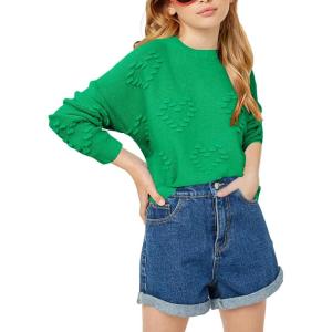 Haloumoning Girls Cute Heart Love Print Sweater Tops Oversized Crew Neck Dot Ball Knitted Valentine Pullover 5-14 Years(Green)