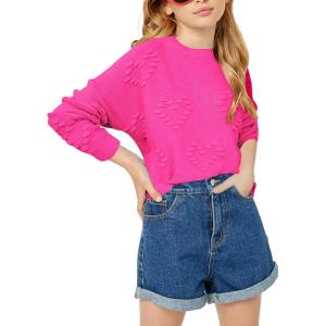 Haloumoning Girls Cute Heart Love Print Sweater Tops Oversized Crew Neck Dot Ball Knitted Valentine Pullover 5-14 Years(Hot Pink)
