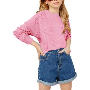 Haloumoning Girls Cute Heart Love Print Sweater Tops Oversized Crew Neck Dot Ball Knitted Valentine Pullover 5-14 Years(Pink)
