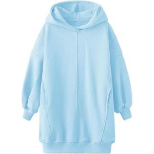 Haloumoning Girls Hoodie Dress Long Sleeve Hooded Sweatshirts Dress Cute Fall Outfits with Pockets 5-14 Years(Blue)
