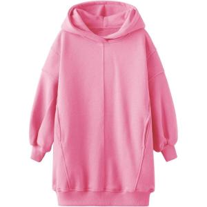 Haloumoning Girls Hoodie Dress Long Sleeve Hooded Sweatshirts Dress Cute Fall Outfits with Pockets 5-14 Years(Pink)