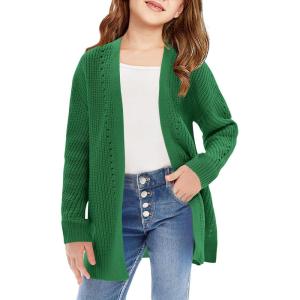 Haloumoning Girls Open Front Cardigan Sweaters Kids Fall Fashion Side Slit Outerwear 5-14 Years(Dark Green)