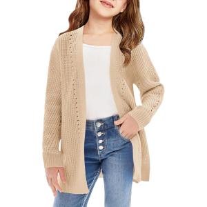 Haloumoning Girls Open Front Cardigan Sweaters Kids Fall Fashion Side Slit Outerwear 5-14 Years(Khaki)