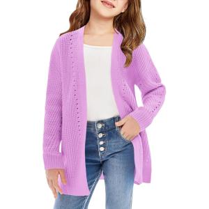 Haloumoning Girls Open Front Cardigan Sweaters Kids Fall Fashion Side Slit Outerwear 5-14 Years(Purple)