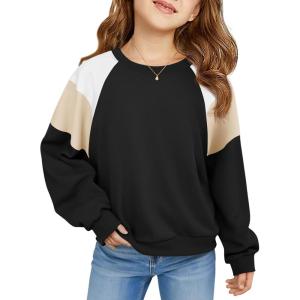 Haloumoning Girls Oversized Colorblock Sweatshirts Kids Fashion Fleece Drop Shoulder Pullover 5-14 Years(Black)