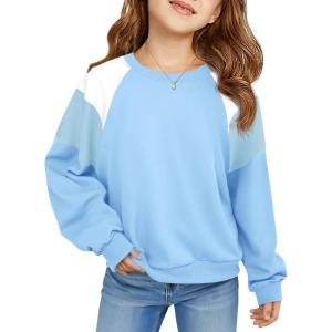 Haloumoning Girls Oversized Colorblock Sweatshirts Kids Fashion Fleece Drop Shoulder Pullover 5-14 Years(Blue)