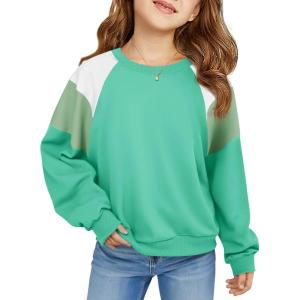 Haloumoning Girls Oversized Colorblock Sweatshirts Kids Fashion Fleece Drop Shoulder Pullover 5-14 Years(Green)