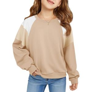 Haloumoning Girls Oversized Colorblock Sweatshirts Kids Fashion Fleece Drop Shoulder Pullover 5-14 Years(Khaki)