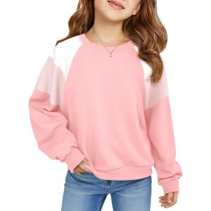 Haloumoning Girls Oversized Colorblock Sweatshirts Kids Fashion Fleece Drop Shoulder Pullover 5-14 Years(Pink)