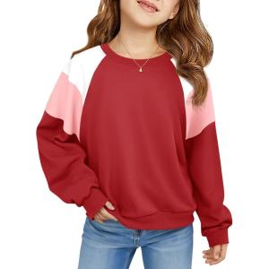 Haloumoning Girls Oversized Colorblock Sweatshirts Kids Fashion Fleece Drop Shoulder Pullover 5-14 Years(Red)