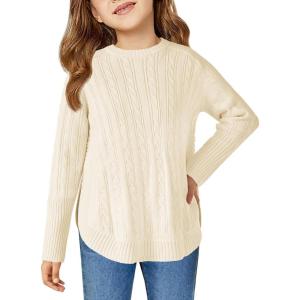 Haloumoning Girls Oversized Sweater Kids Fashion Batwing Sleeve Cable Knit Sweaters with Side Slit 5-14 Years(Beige)
