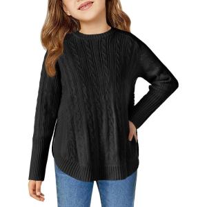 Haloumoning Girls Oversized Sweater Kids Fashion Batwing Sleeve Cable Knit Sweaters with Side Slit 5-14 Years(Black)