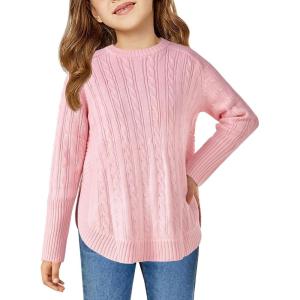 Haloumoning Girls Oversized Sweater Kids Fashion Batwing Sleeve Cable Knit Sweaters with Side Slit 5-14 Years(Pink)