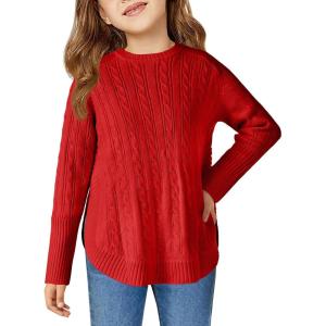Haloumoning Girls Oversized Sweater Kids Fashion Batwing Sleeve Cable Knit Sweaters with Side Slit 5-14 Years(Red)
