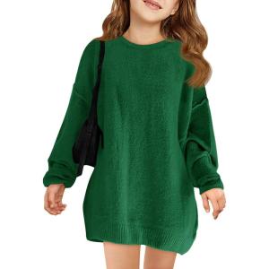 Haloumoning Girls Sweater Dress Casual Crewneck Knit Long Sleeve Fall Winter Dress Pullover 5-14Y(Army Green)
