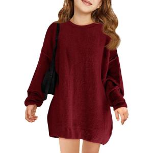 Haloumoning Girls Sweater Dress Casual Crewneck Knit Long Sleeve Fall Winter Dress Pullover 5-14Y(Burgundy)