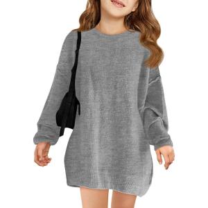 Haloumoning Girls Sweater Dress Casual Crewneck Knit Long Sleeve Fall Winter Dress Pullover 5-14Y(Grey)