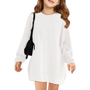 Haloumoning Girls Sweater Dress Casual Crewneck Knit Long Sleeve Fall Winter Dress Pullover 5-14Y(White)