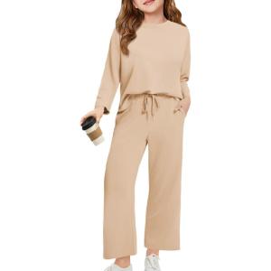 Haloumoning Girls Sweatsuit Kids Fashion Long Sleeve Sweatshirt and Wide Leg Pants Tracksuit Sets 2 Piece Outfits(Apricot)