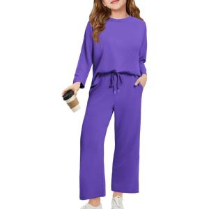 Haloumoning Girls Sweatsuit Kids Fashion Long Sleeve Sweatshirt and Wide Leg Pants Tracksuit Sets 2 Piece Outfits(Dark Purple)