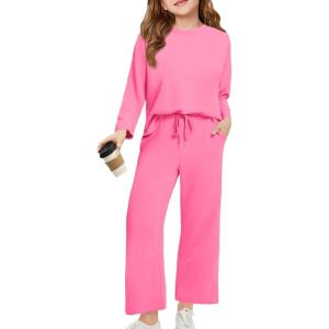 Haloumoning Girls Sweatsuit Kids Fashion Long Sleeve Sweatshirt and Wide Leg Pants Tracksuit Sets 2 Piece Outfits(Hot Pink)