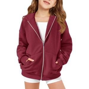 Haloumoning Girls Zip Up Hoodie Kids Fashion Oversized Textured Sweatshirt Jacket with Pockets 5-14 Years(Burgundy)