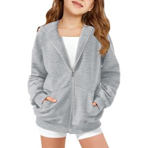 Haloumoning Girls Zip Up Hoodie Kids Fashion Oversized Textured Sweatshirt Jacket with Pockets 5-14 Years(Grey)