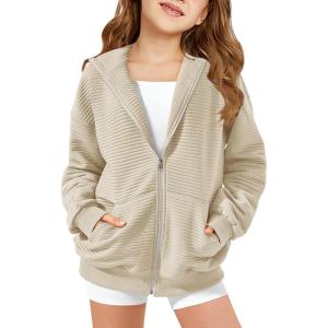 Haloumoning Girls Zip Up Hoodie Kids Fashion Oversized Textured Sweatshirt Jacket with Pockets 5-14 Years(Khaki)