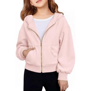 Haloumoning Girls Zip Up Hoodies Kids Casual Long Sleeve Sweatshirt Fall Jacket with Pockets 5-14 Years(Light Pink)