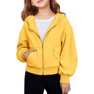 Haloumoning Girls Zip Up Hoodies Kids Casual Long Sleeve Sweatshirt Fall Jacket with Pockets 5-14 Years(Yellow)
