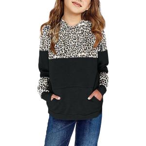 Haloumoning Kids Girls Pullover Hoodies Cute Leopard Printed Hooded Sweatshirts with Pockets 4-15 Years(D-black)