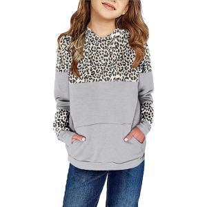 Haloumoning Kids Girls Pullover Hoodies Cute Leopard Printed Hooded Sweatshirts with Pockets 4-15 Years(D-grey)