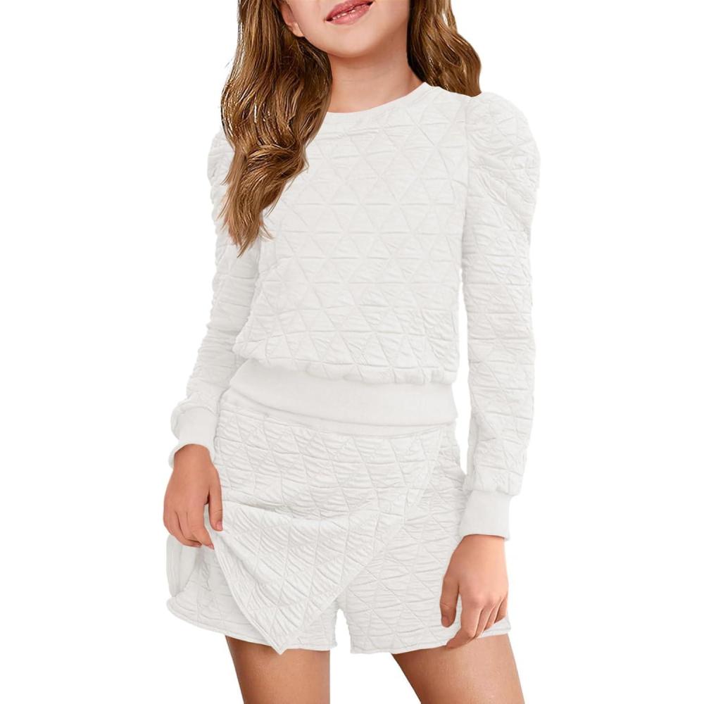 image:imageHaloumoning Girls 2 Piece Fall Outfits Clothing Sets Kids Puff Long Sleeve Argyle Sweatshirts and Wrap Skorts 514 YearsWhite