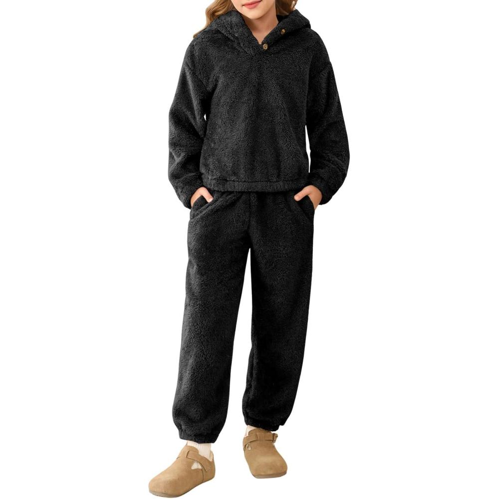 image:imageHaloumoning Girls 2 Piece Outfits Kids Fuzzy Bear Ear Hoodies Pullover Sweatshirt and Sweatpants Cute Clothing SetsBlack