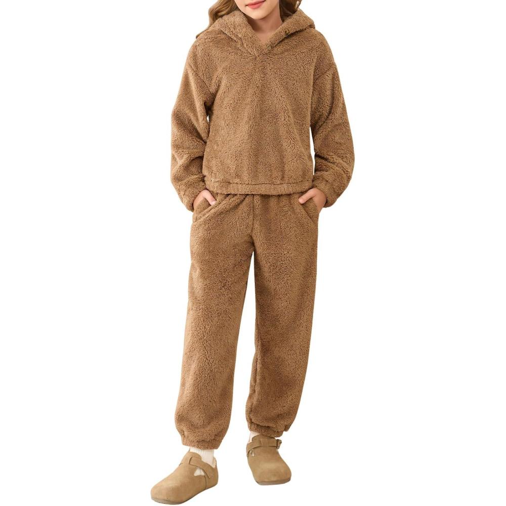 image:imageHaloumoning Girls 2 Piece Outfits Kids Fuzzy Bear Ear Hoodies Pullover Sweatshirt and Sweatpants Cute Clothing SetsBrown