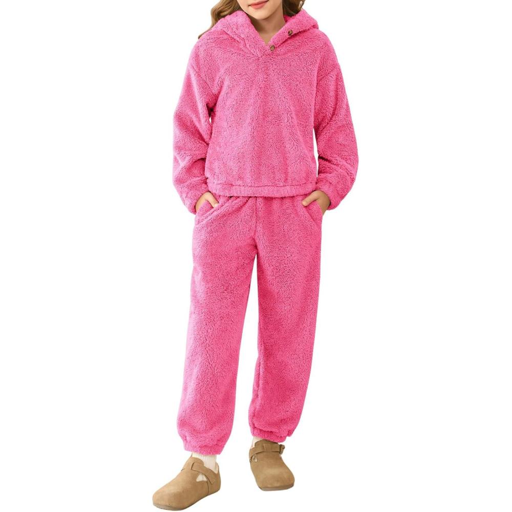 image:imageHaloumoning Girls 2 Piece Outfits Kids Fuzzy Bear Ear Hoodies Pullover Sweatshirt and Sweatpants Cute Clothing SetsHot Pink