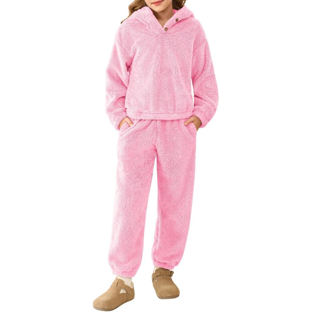 image:imageHaloumoning Girls 2 Piece Outfits Kids Fuzzy Bear Ear Hoodies Pullover Sweatshirt and Sweatpants Cute Clothing SetsPink