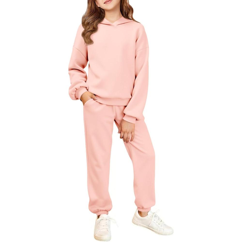 image:imageHaloumoning Girls 2 Piece Outfits Kids Oversized Fleece Hoodie Sweatshirt and Sweatpants Fashion Clothing SetsPink
