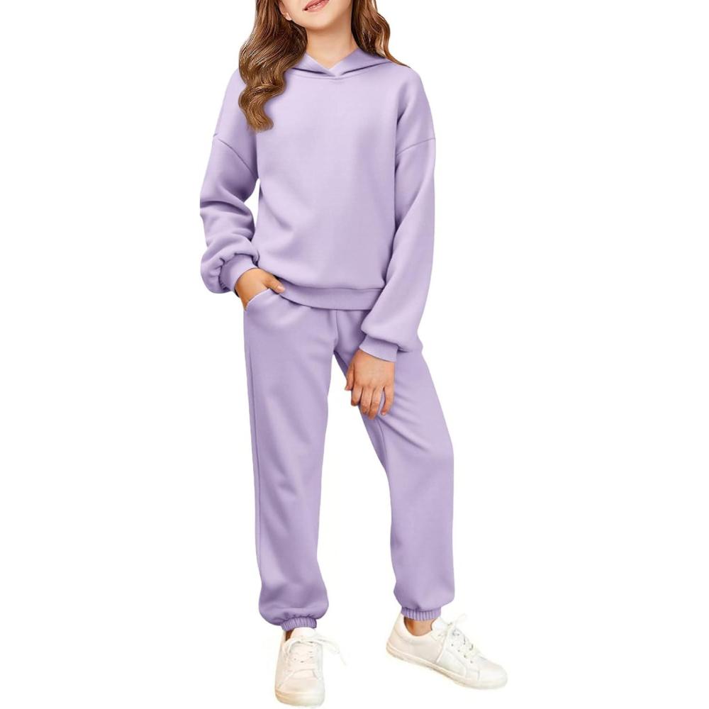 image:imageHaloumoning Girls 2 Piece Outfits Kids Oversized Fleece Hoodie Sweatshirt and Sweatpants Fashion Clothing SetsPurple