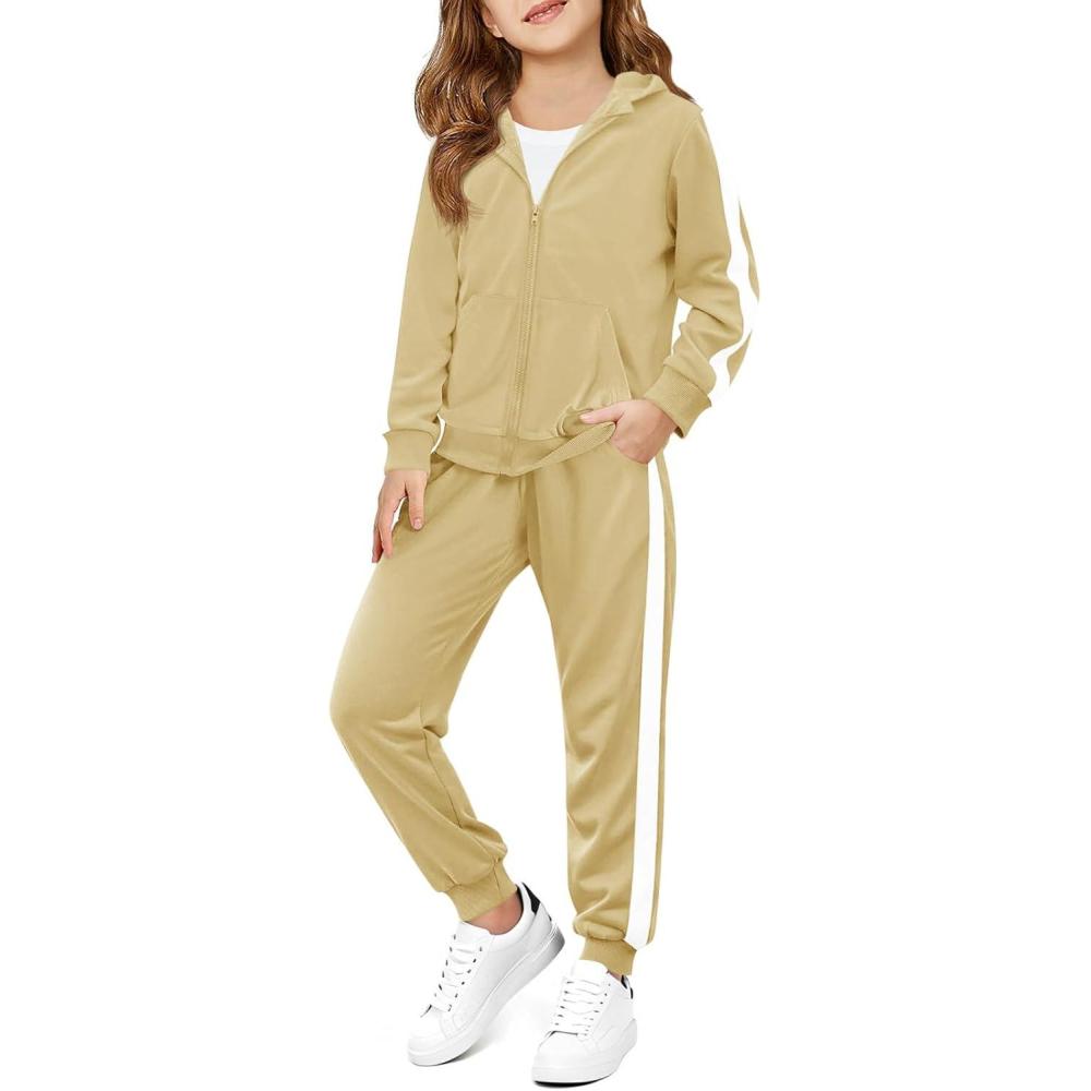 image:imageHaloumoning Girls 2 Piece Outfits Sweatsuit Kids Athletic Zip Up Hoodie and Sweatpants Clothing Sets 514YKhaki